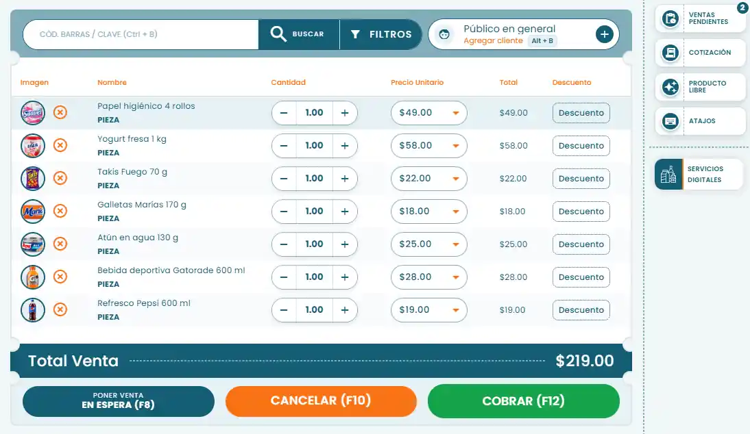 Pantalla de punto de venta para buscar productos y armar una venta