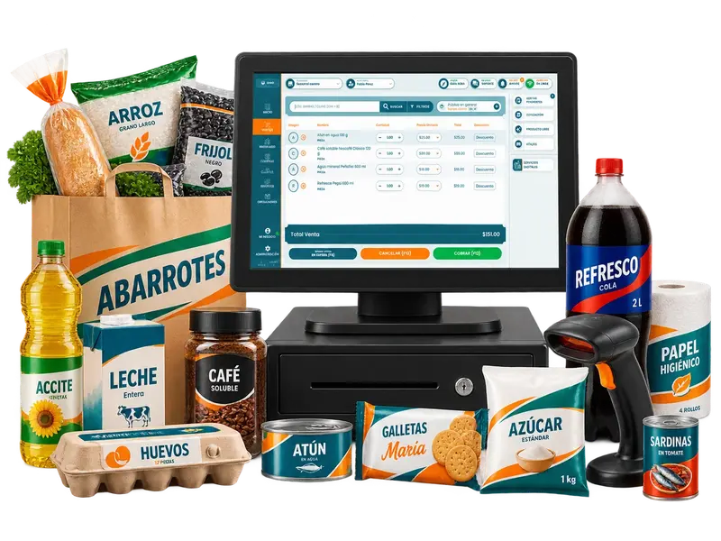 Punto de venta XoraPOS con escáner y productos de una tienda de abarrotes