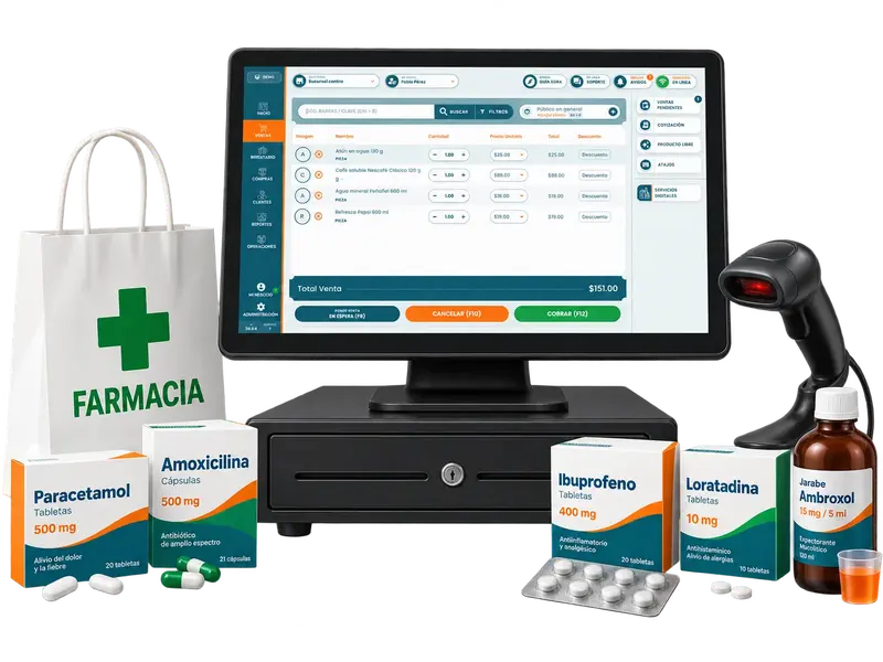 Punto de venta XoraPOS con medicamentos, escáner y productos de farmacia